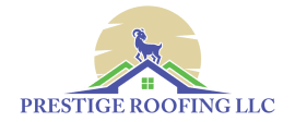 Prestige Roofing LLC logo with blue goat on house roof and beige sun background