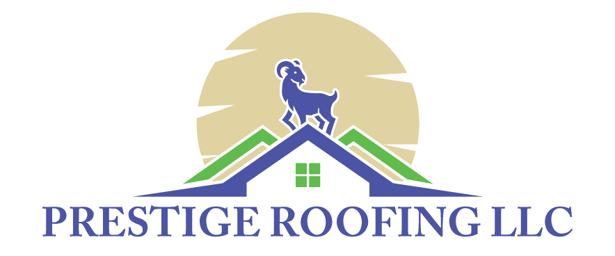 Prestige Roofing LLC logo with blue goat on house roof and beige sun background