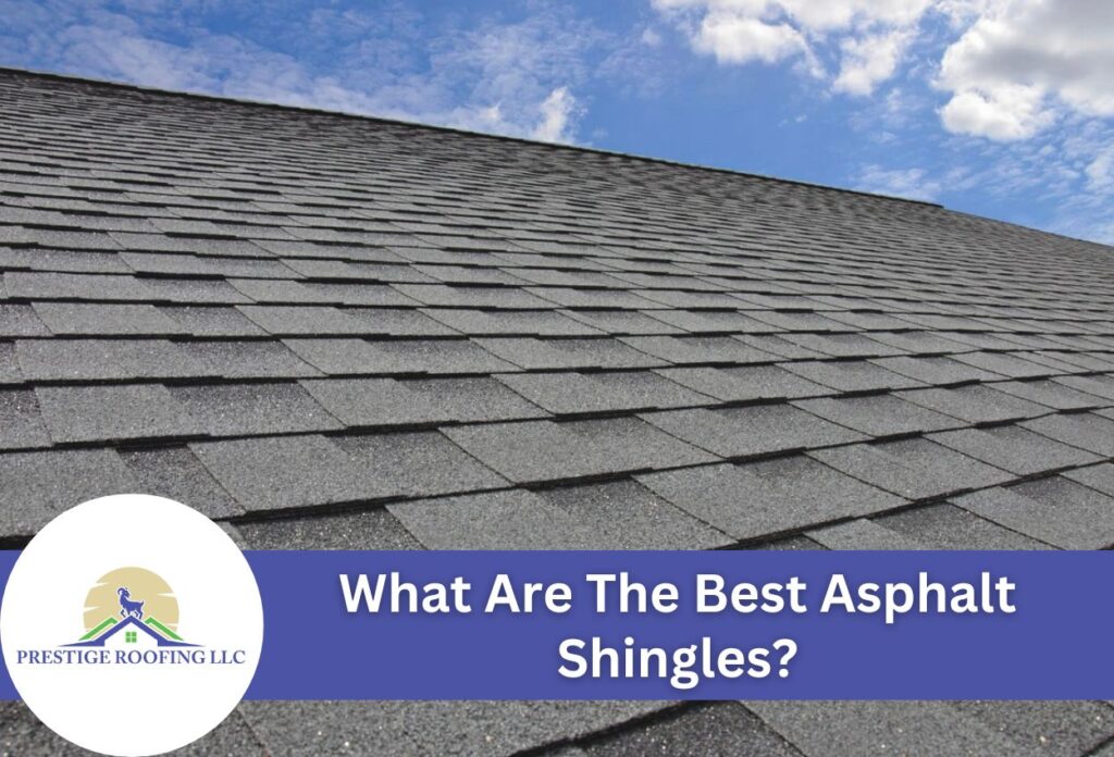 Asphalt shingle roof under blue sky with roofing company logo and question text.