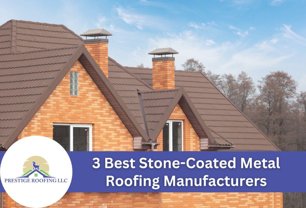 Modern home with brown stone-coated metal roof against a blue sky background.