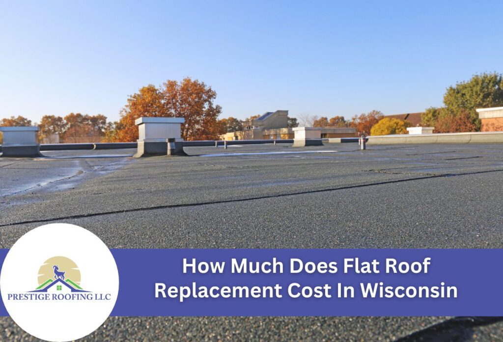 Flat roof with clear sky showing surroundings and company logo, Prestige Roofing LLC.