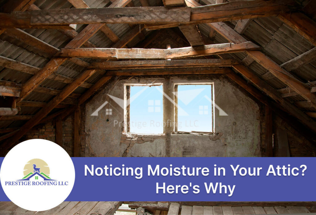 Old attic with wooden beams and moisture issues in the ceiling structure.