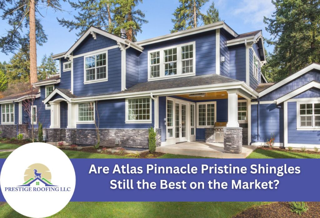 Modern blue house featuring Atlas Pinnacle Pristine Shingles by Prestige Roofing.