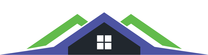 Stylized house logo with green and blue geometric rooflines and white window