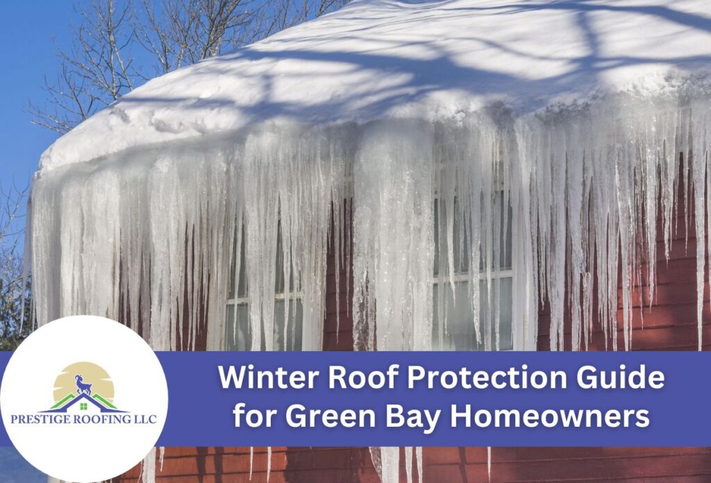 Snow-covered roof with large icicles hanging from gutters on winter day