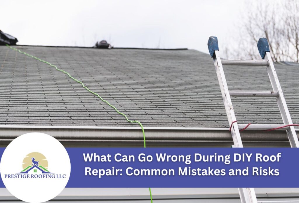 Ladder against gray shingle roof with green rope, DIY roofing mistakes concept