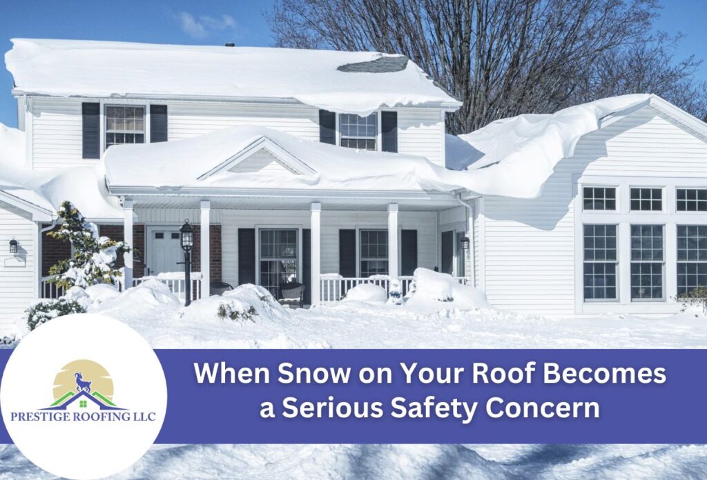 Snow-covered white house with heavy snow accumulation on roof showing winter safety concerns
