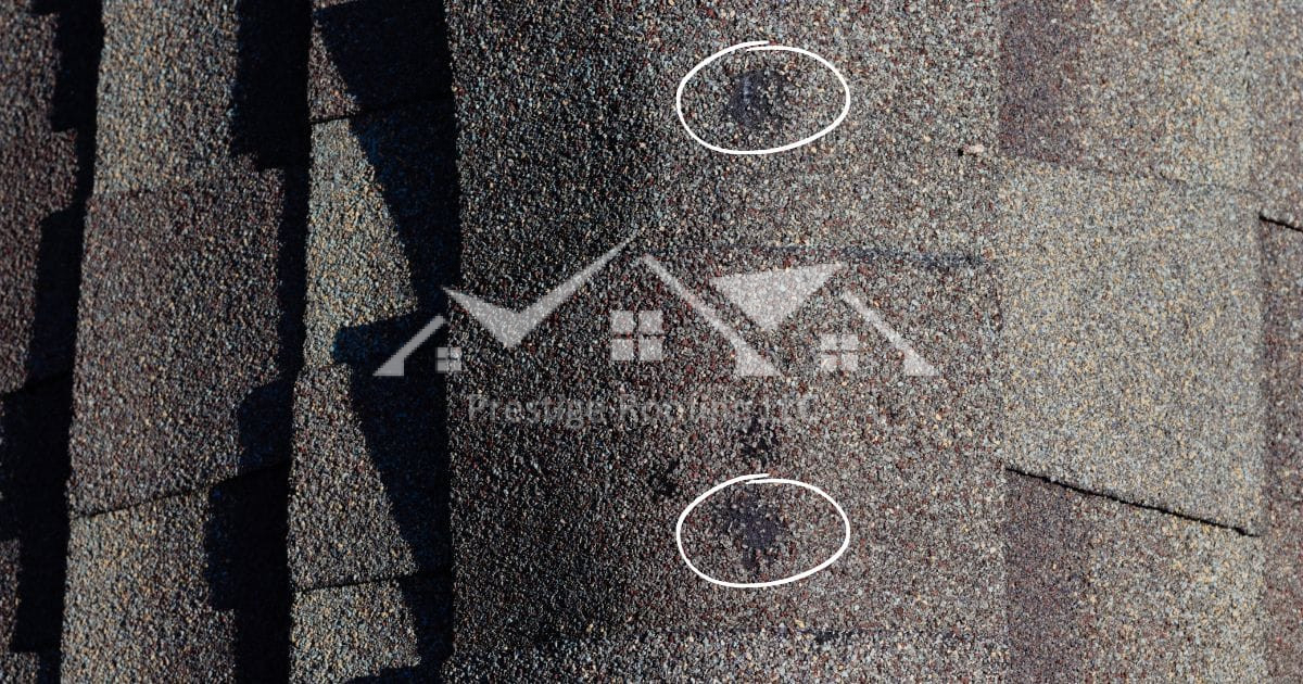 Close-up of asphalt roof shingles with visible damage and color variation.