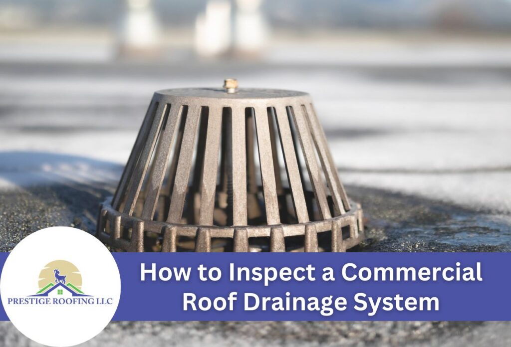 Commercial roof drainage system inspection guide with a metal strainer cap.