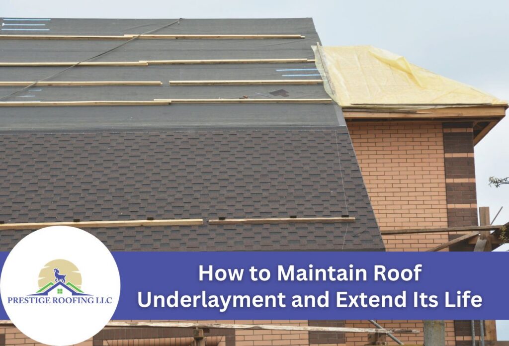 Roof under construction showing underlayment and shingles installation.