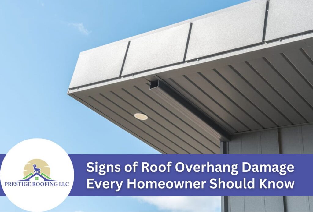 Close-up of roof overhang highlighting potential damage indicators.