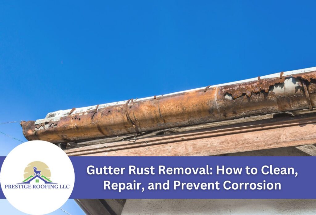 Rusty gutter on a roof needing cleaning and corrosion prevention.