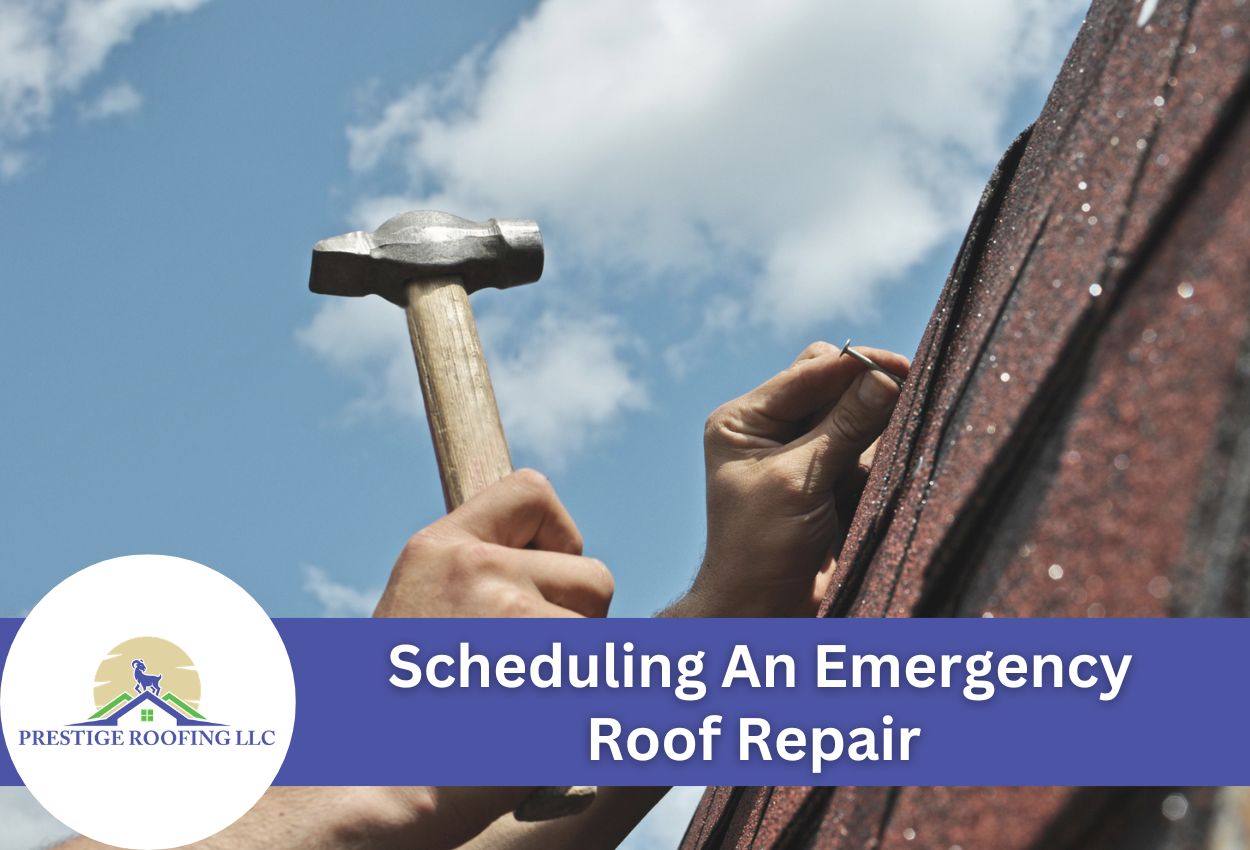 Roof repair in progress with hammer and nails under blue sky.