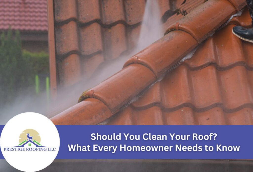 Roof tiles being cleaned with high-pressure water for maintenance