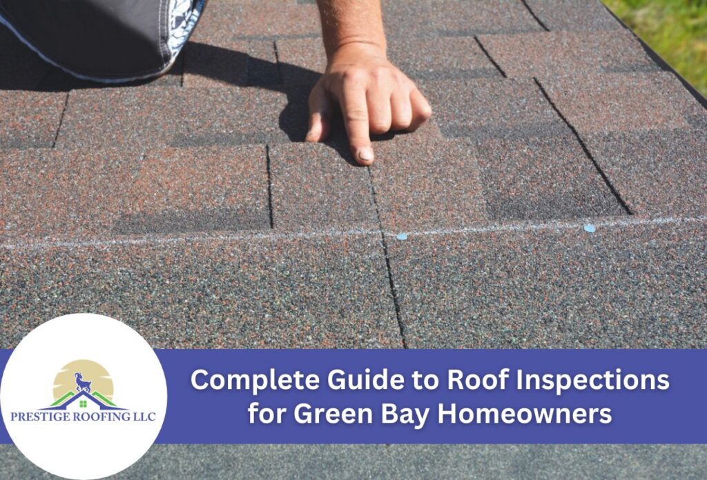 Person inspecting roof shingles on a home roof for damage.