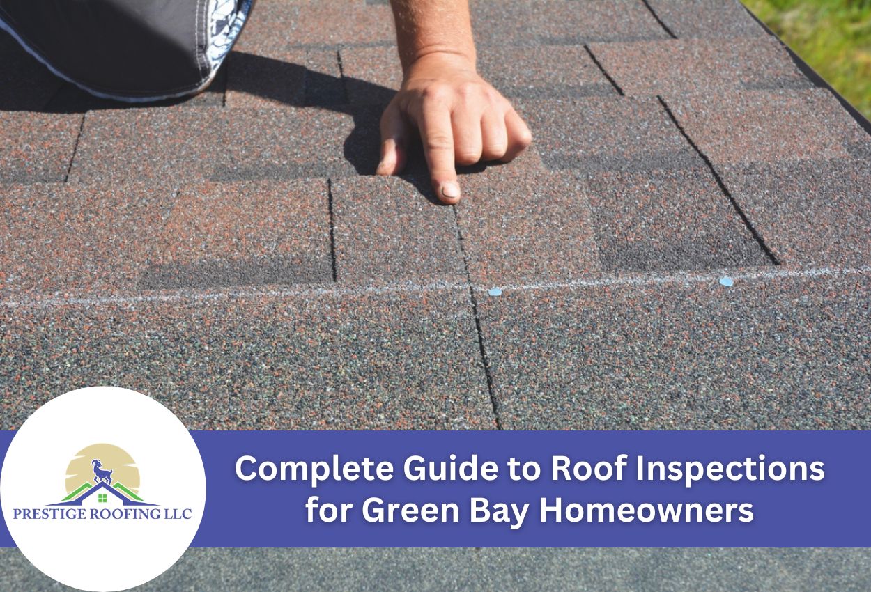 Person inspecting roof shingles on a home roof for damage.
