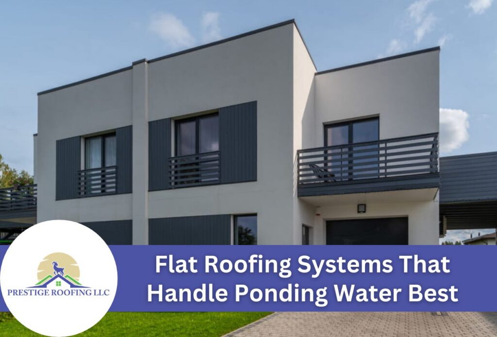 Modern white house with flat roofing designed by Prestige Roofing LLC