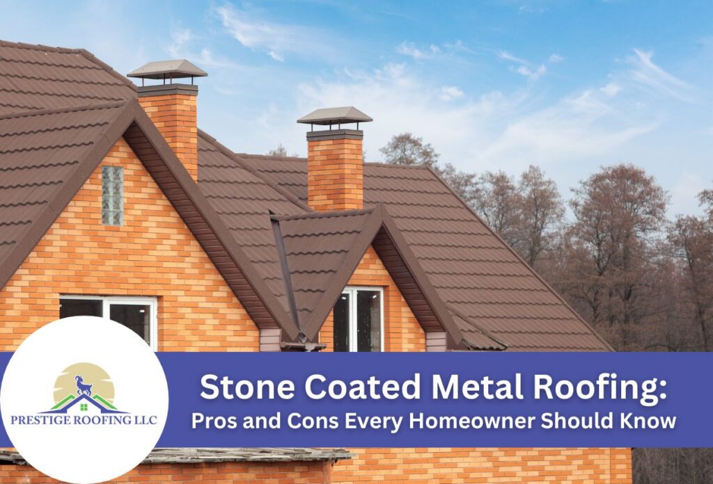 Brick house with stone coated metal roofing under blue sky