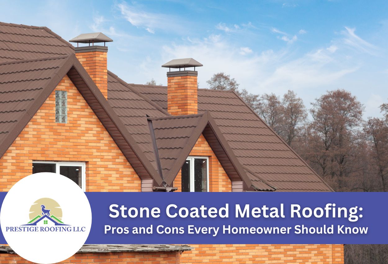 Brick house with stone coated metal roofing under blue sky