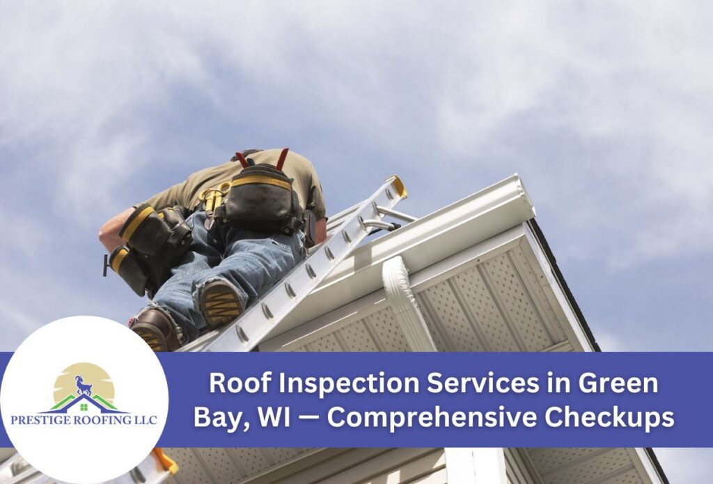 Professional roof inspection in progress with worker climbing a ladder.