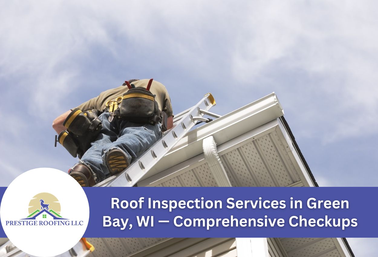 Professional roof inspection in progress with worker climbing a ladder.