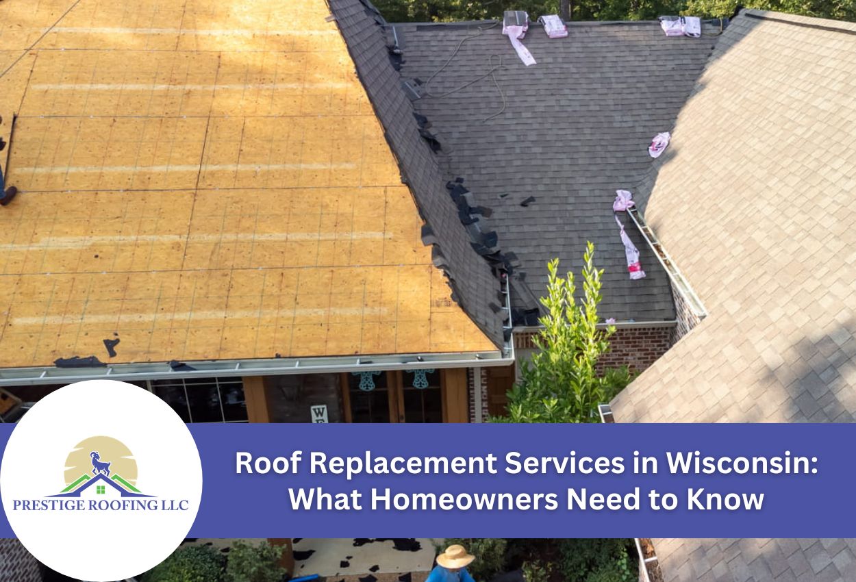 Wisconsin home roof replacement in progress with shingles and wood visible.