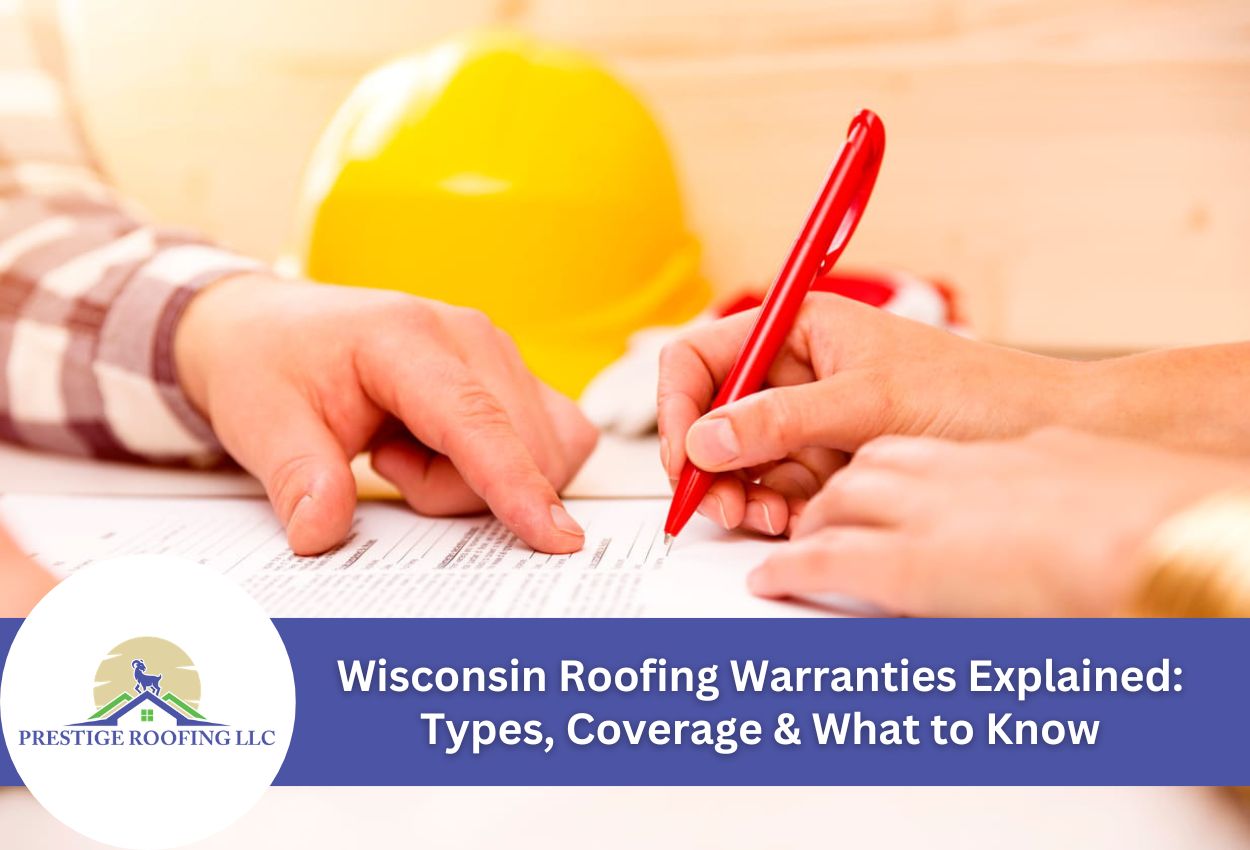 Two people reviewing a contract with emphasis on Wisconsin roofing warranties.