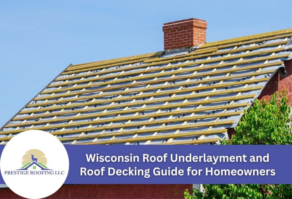 Roof underlayment installation with exposed beams and chimney.