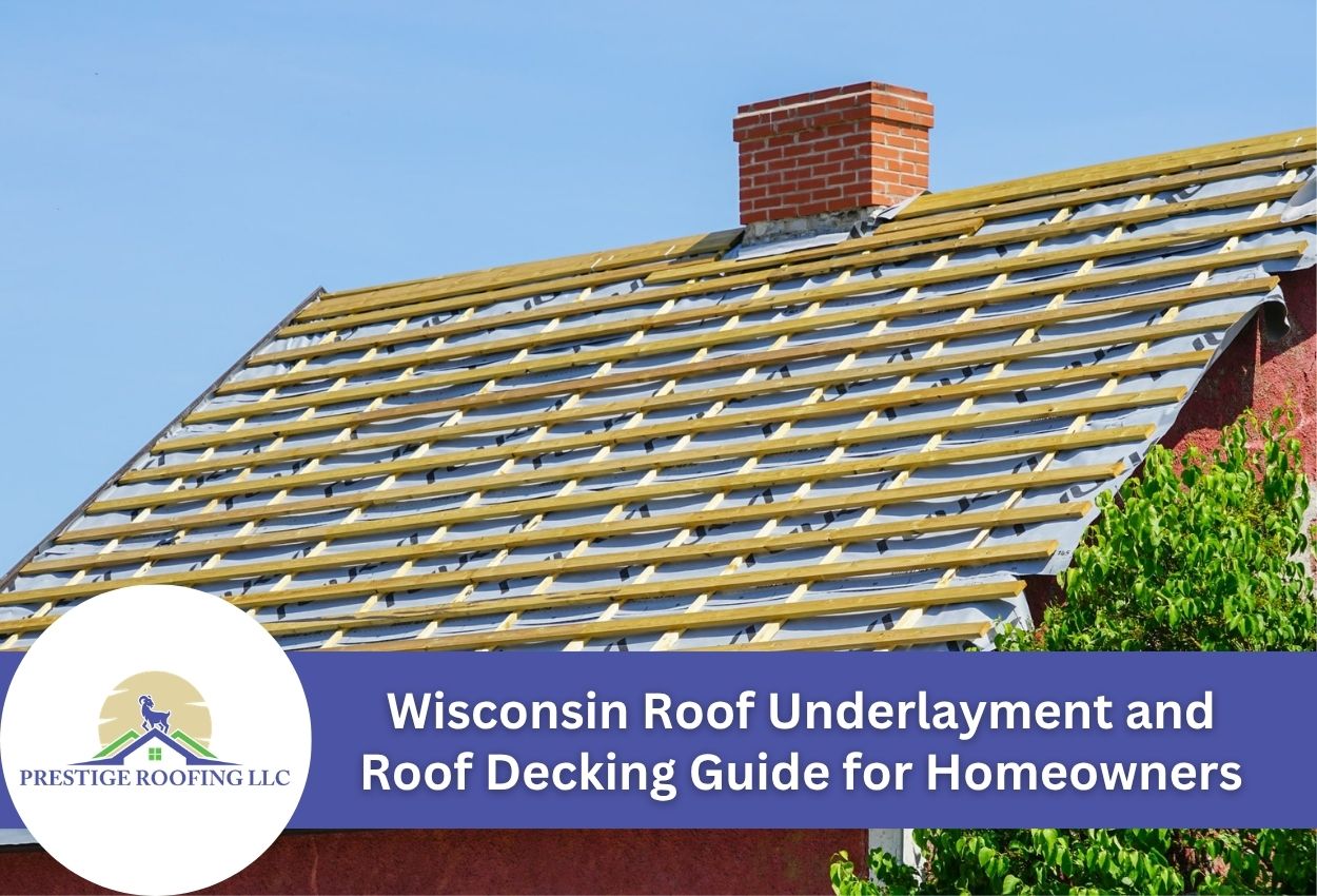 Roof underlayment installation with exposed beams and chimney.
