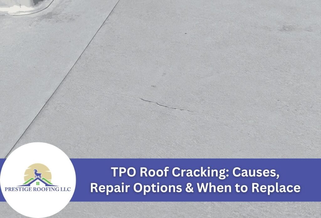 Close-up of a TPO roof with a visible crack, highlighting repair needs.